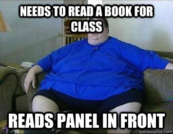 Needs to read a book for class Reads panel in front  Lazy Larry