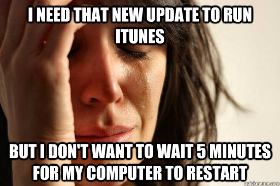 I need that new update to run itunes But i don't want to wait 5 minutes for my computer to restart  First World Problems