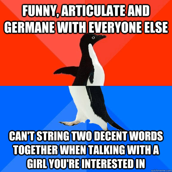 Funny, articulate and germane with everyone else Can't string two decent words together when talking with a girl you're interested in  Socially Awesome Awkward Penguin