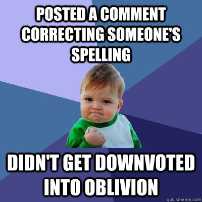 Posted a comment correcting someone's spelling Didn't get downvoted into oblivion - Posted a comment correcting someone's spelling Didn't get downvoted into oblivion  Success Kid