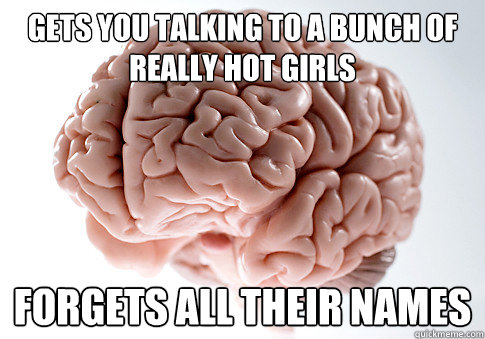 Gets you talking to a bunch of really hot girls forgets all their names  Scumbag Brain