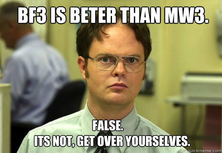 bf3 is beter than mw3.                           FALSE.  
its not, get over yourselves. - bf3 is beter than mw3.                           FALSE.  
its not, get over yourselves.  Schrute
