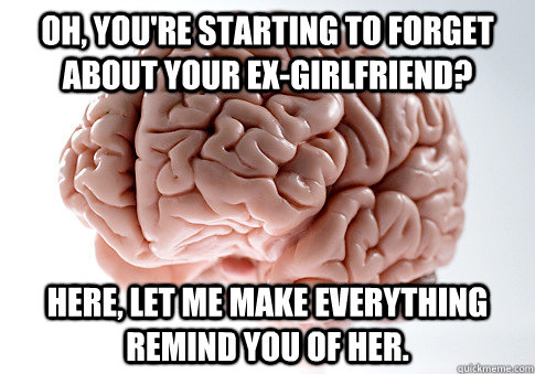 Oh, you're starting to forget about your ex-girlfriend? Here, let me make everything remind you of her. - Oh, you're starting to forget about your ex-girlfriend? Here, let me make everything remind you of her.  Scumbag Brain
