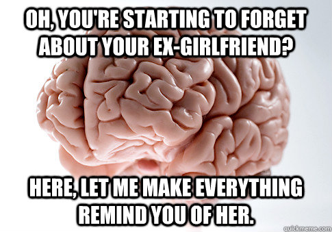 Oh, you're starting to forget about your ex-girlfriend? Here, let me make everything remind you of her.  Scumbag Brain