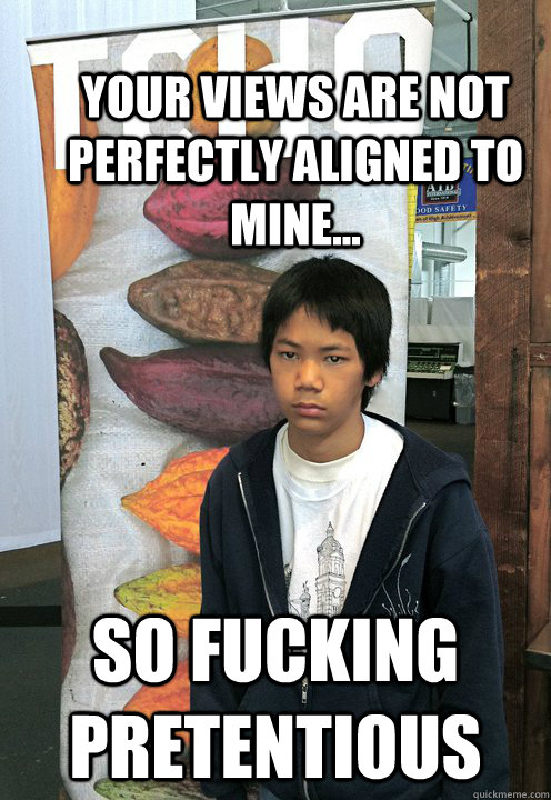 your views are not perfectly aligned to mine... so fucking pretentious  