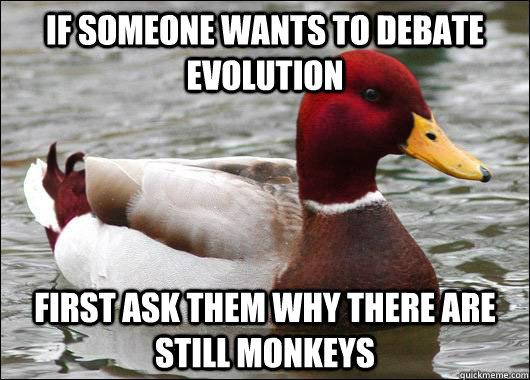 if someone wants to debate evolution first ask them why there are still monkeys  Malicious Advice Mallard
