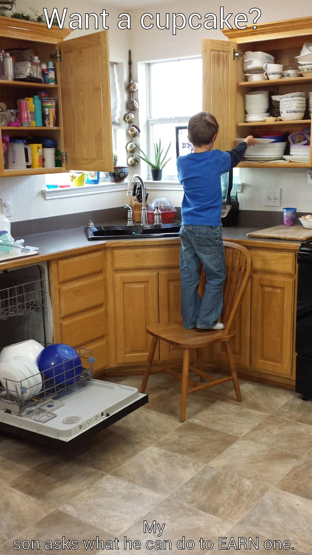 The proper way.  - WANT A CUPCAKE? MY SON ASKS WHAT HE CAN DO TO EARN ONE. Misc