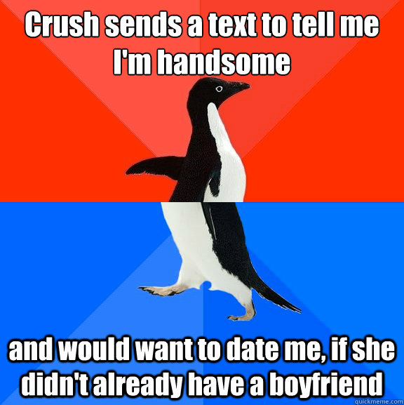 Crush sends a text to tell me I'm handsome and would want to date me, if she didn't already have a boyfriend  Socially Awesome Awkward Penguin