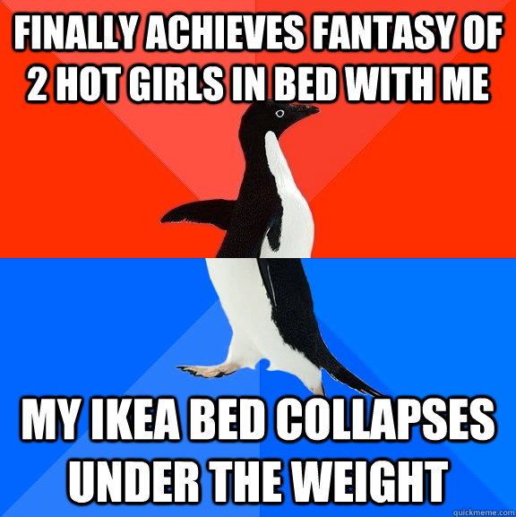 Finally achieves fantasy of 2 hot girls in bed with me my ikea bed collapses under the weight  Socially Awesome Awkward Penguin