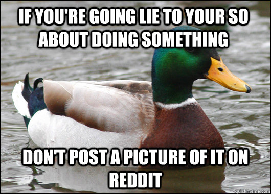 If you're going lie to your SO about doing something Don't post a picture of it on reddit  Actual Advice Mallard