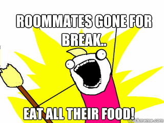 Roommates gone for 
break.. Eat all their food!  All The Things