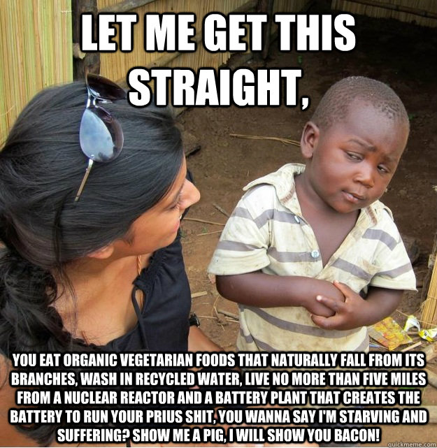 Let me get this straight, you eat organic vegetarian foods that naturally fall from its branches, wash in recycled water, live no more than five miles from a nuclear reactor and a battery plant that creates the battery to run your Prius shit, you wanna sa - Let me get this straight, you eat organic vegetarian foods that naturally fall from its branches, wash in recycled water, live no more than five miles from a nuclear reactor and a battery plant that creates the battery to run your Prius shit, you wanna sa  Skeptical Third World Kid