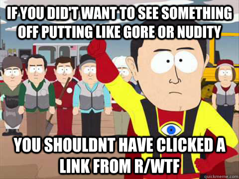 If you did't want to see something off putting like gore or nudity  You shouldnt have clicked a link from r/wtf - If you did't want to see something off putting like gore or nudity  You shouldnt have clicked a link from r/wtf  South Park memes