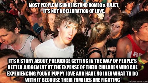 It's a story about prejudice getting in the way of people's better judgement at the expense of their children who are experiencing young puppy love and have no idea what to do with it because their families are fighting Most people misunderstand Romeo & J  Sudden Clarity Clarence