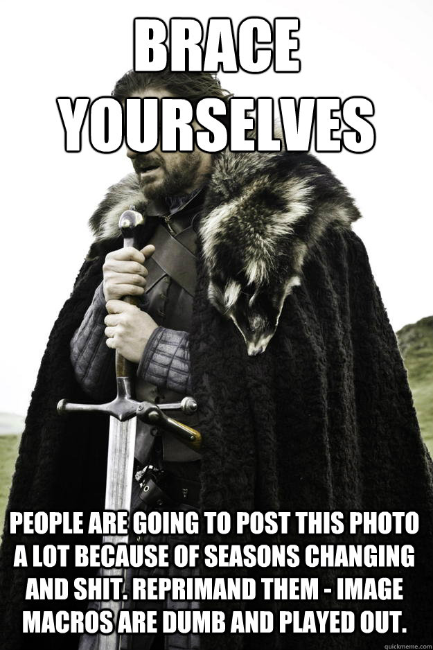 brace
yourselves people are going to post this photo a lot because of seasons changing and shit. reprimand them - image macros are dumb and played out.  Winter is coming