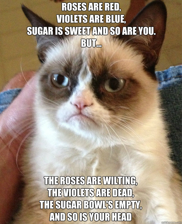 roses are red,
violets are blue,
sugar is sweet and so are you.
but... the roses are wilting,
the violets are dead,
the sugar bowl's empty,
and so is your head - roses are red,
violets are blue,
sugar is sweet and so are you.
but... the roses are wilting,
the violets are dead,
the sugar bowl's empty,
and so is your head  Misc