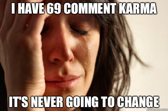 I have 69 comment karma It's never going to change  First World Problems