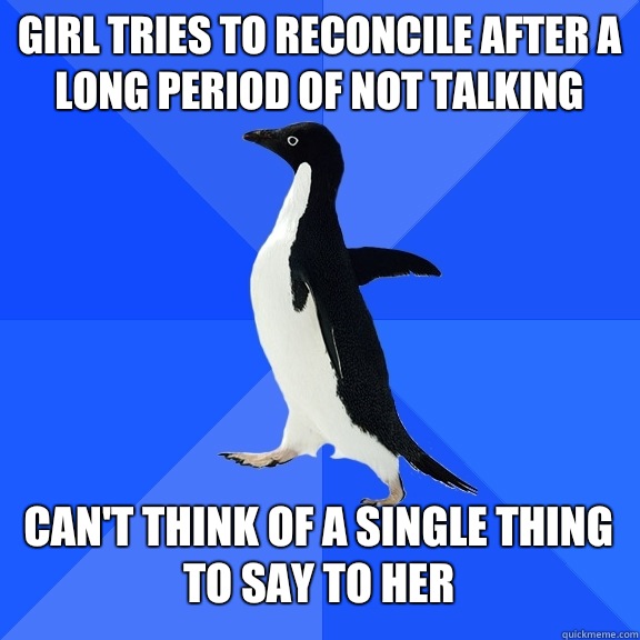 Girl tries to reconcile after a long period of not talking Can't think of a single thing to say to her  Socially Awkward Penguin