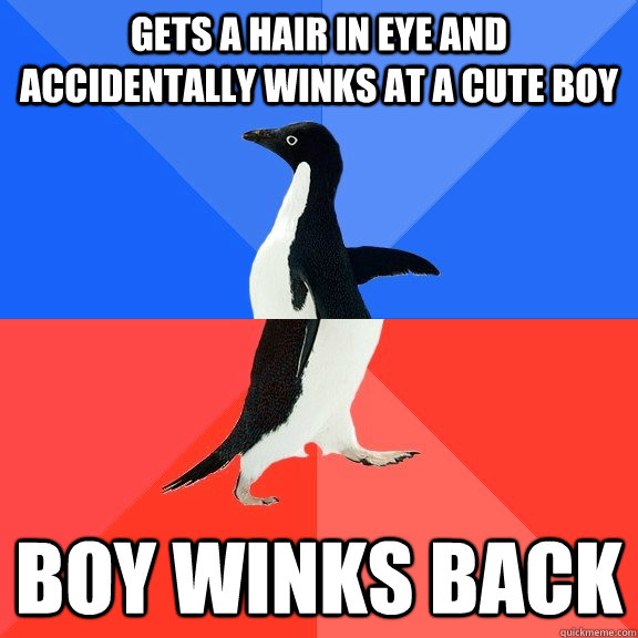 Gets a hair in eye and accidentally winks at a cute boy Boy winks back  Socially Awkward Awesome Penguin