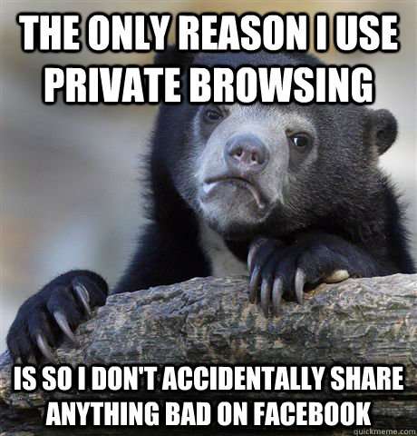 The only reason I use private browsing is so I don't accidentally share anything bad on facebook - The only reason I use private browsing is so I don't accidentally share anything bad on facebook  Misc