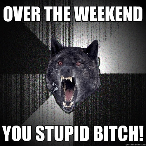 over the weekend you stupid bitch!  Insanity Wolf