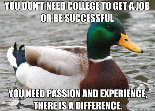 You don't need college to get a job or be successful You need passion and experience, there is a difference.  Actual Advice Mallard