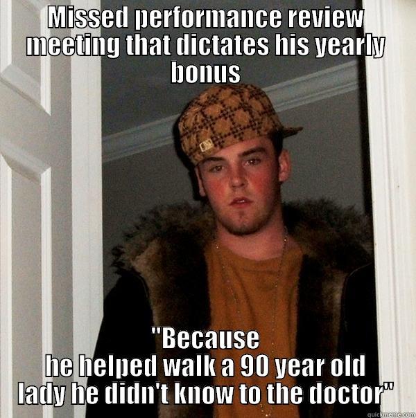 MISSED PERFORMANCE REVIEW MEETING THAT DICTATES HIS YEARLY BONUS 