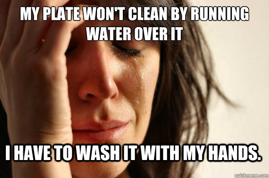 My plate won't clean by running water over it I have to wash it with my hands.  First World Problems