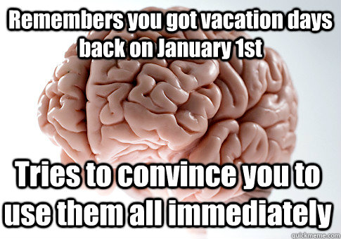 Remembers you got vacation days back on January 1st Tries to convince you to use them all immediately - Remembers you got vacation days back on January 1st Tries to convince you to use them all immediately  Scumbag Brain