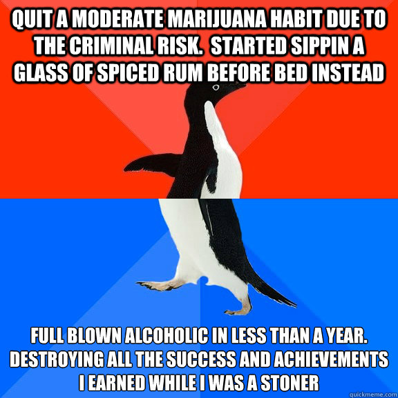 Quit a moderate Marijuana habit due to the criminal risk.  Started sippin a glass of spiced rum before bed instead Full blown alcoholic in less than a year.  Destroying all the success and achievements I earned while I was a stoner  Socially Awesome Awkward Penguin