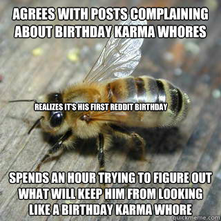 Agrees with posts complaining about birthday karma whores Spends an hour trying to figure out what will keep him from looking like a birthday karma whore Realizes it's his first Reddit Birthday  Hivemind bee