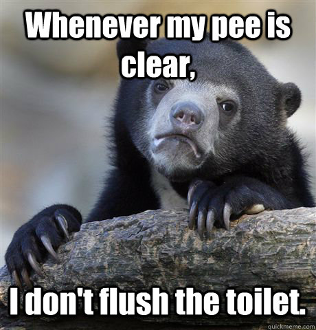 Whenever my pee is clear, I don't flush the toilet. - Whenever my pee is clear, I don't flush the toilet.  Confession Bear