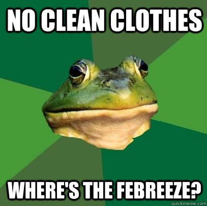 no clean clothes where's the febreeze?  Foul Bachelor Frog