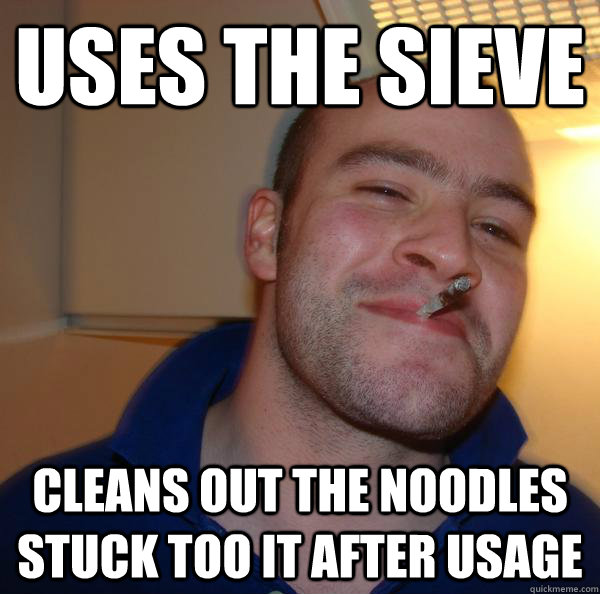 Uses the sieve cleans out the noodles stuck too it after usage - Uses the sieve cleans out the noodles stuck too it after usage  Misc