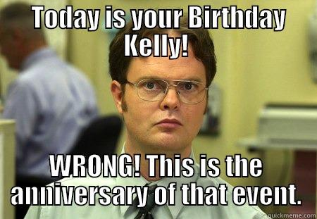 Dwight corrected you Kelly. -  TODAY IS YOUR BIRTHDAY KELLY! WRONG! THIS IS THE ANNIVERSARY OF THAT EVENT. Schrute