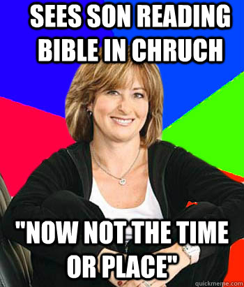 sees Son reading bible in chruch 