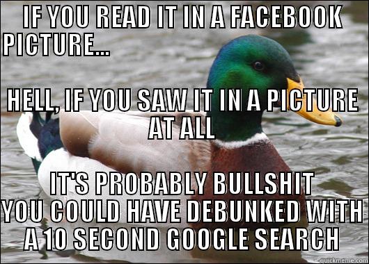 IF YOU READ IT IN A FACEBOOK PICTURE...                                                                                                                       HELL, IF YOU SAW IT IN A PICTURE AT ALL IT'S PROBABLY BULLSHIT YOU COULD HAVE DEBUNKED WITH A 10 SECOND GOOGLE SEARCH Actual Advice Mallard