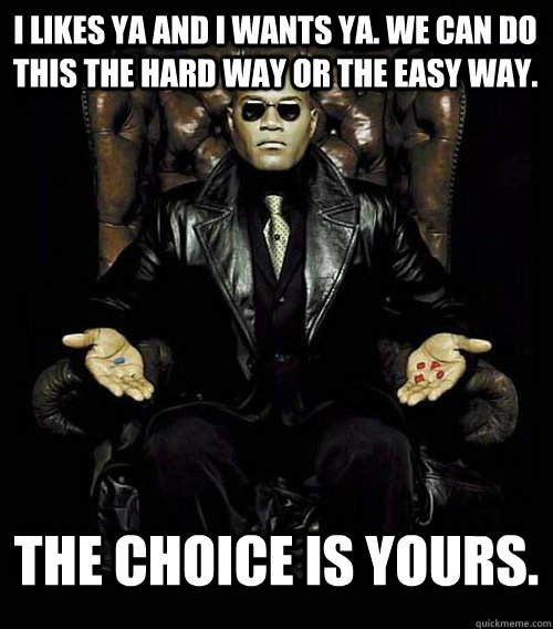 I likes ya and I wants ya. we can do this the hard way or the easy way. the choice is yours.  Morpheus
