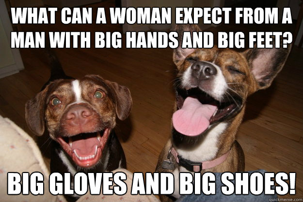 What can a woman expect from a man with big hands and big feet? Big gloves and big shoes! - What can a woman expect from a man with big hands and big feet? Big gloves and big shoes!  Clean Joke Puppies