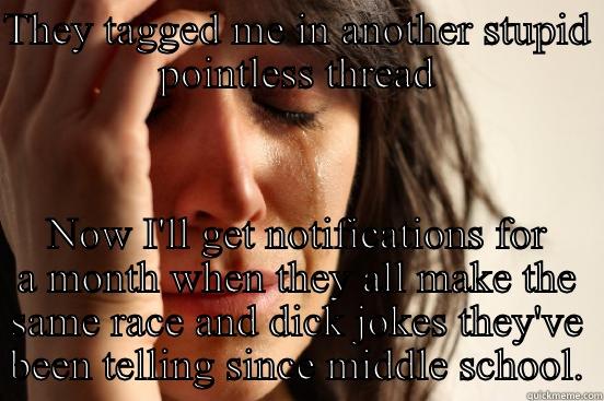 THEY TAGGED ME IN ANOTHER STUPID POINTLESS THREAD NOW I'LL GET NOTIFICATIONS FOR A MONTH WHEN THEY ALL MAKE THE SAME RACE AND DICK JOKES THEY'VE BEEN TELLING SINCE MIDDLE SCHOOL. First World Problems