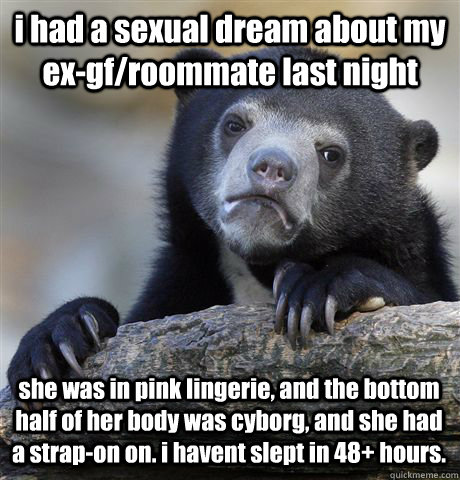 i had a sexual dream about my ex-gf/roommate last night  she was in pink lingerie, and the bottom half of her body was cyborg, and she had a strap-on on. i havent slept in 48+ hours.  Confession Bear