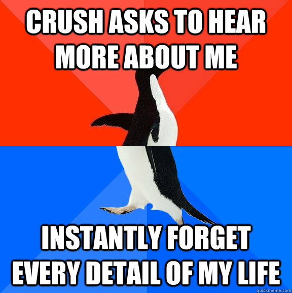 crush asks to hear more about me instantly forget every detail of my life - crush asks to hear more about me instantly forget every detail of my life  Socially Awesome Awkward Penguin