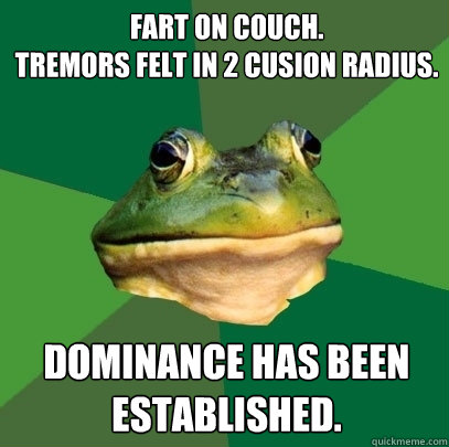 Fart on couch.
Tremors felt in 2 cusion radius. Dominance has been established.  Foul Bachelor Frog