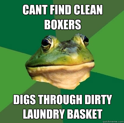 Cant find clean boxers digs through dirty laundry basket  Foul Bachelor Frog