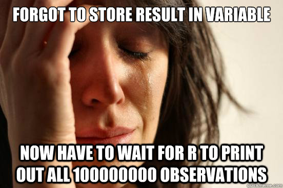 Forgot to store result in variable now have to wait for r to print out all 100000000 observations  First World Problems