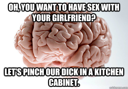Oh, You want to have sex with your girlfriend? Let's pinch our dick in a kitchen cabinet.  Scumbag Brain