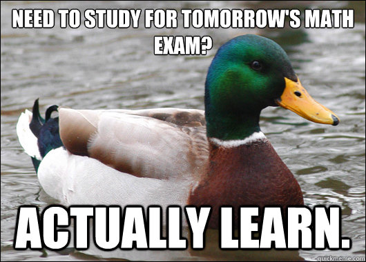 Need to study for tomorrow's math exam?  Actually learn.  Actual Advice Mallard