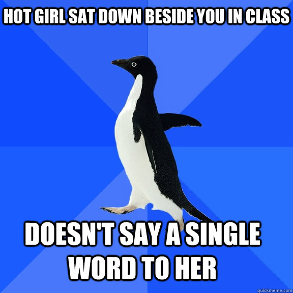 hot girl sat down beside you in class doesn't say a single word to her    Socially Awkward Penguin