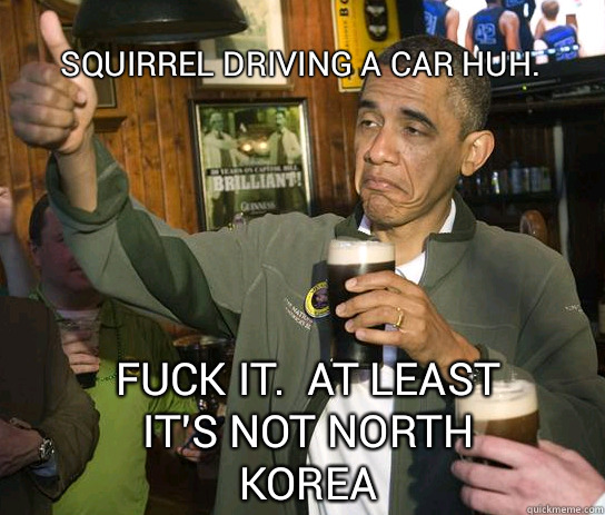 squirrel driving a car huh.  Fuck it.  At least it's not north korea  Upvoting Obama
