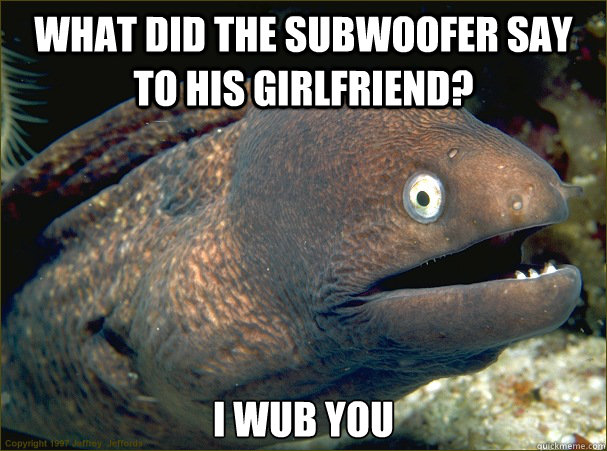 What did the subwoofer say to his girlfriend?  I Wub you - What did the subwoofer say to his girlfriend?  I Wub you  Bad Joke Eel